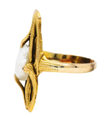 Arts & Crafts Baroque Pearl 14 Karat Gold Foliate RingRing - Wilson's Estate Jewelry