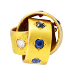 Victorian 0.80 CTW Ruby Sapphire Diamond 18 Karat Yellow Gold Triple Loop Antique Knot Charm Wilson's Estate Jewelry
