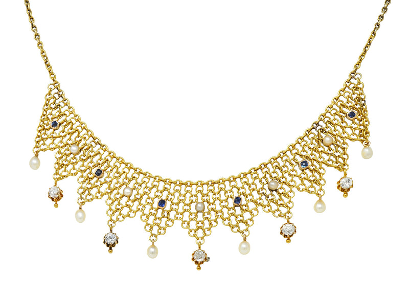 Victorian Russian 1.00 CTW Diamond Sapphire Pearl 14 Karat Gold Fringe Necklace