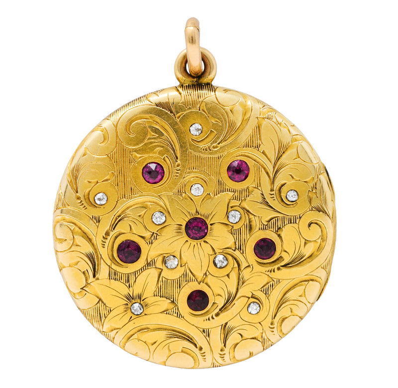 Art Nouveau Ruby Diamond 14 Karat Yellow Gold Floral Locket PendantNecklace - Wilson's Estate Jewelry