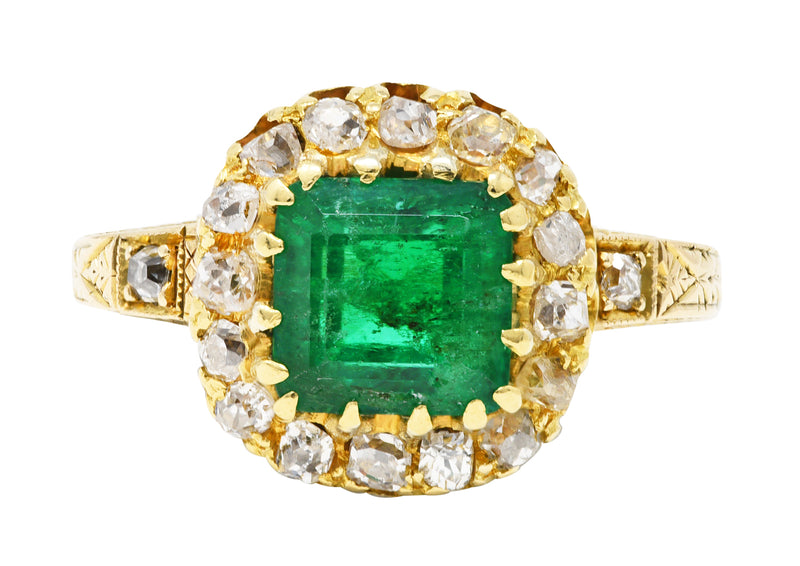 Victorian 2.12 CTW Emerald Old Mine Cut Diamond 14 Karat Yellow Gold Wheat Antique Halo Ring Wilson's Estate Jewelry