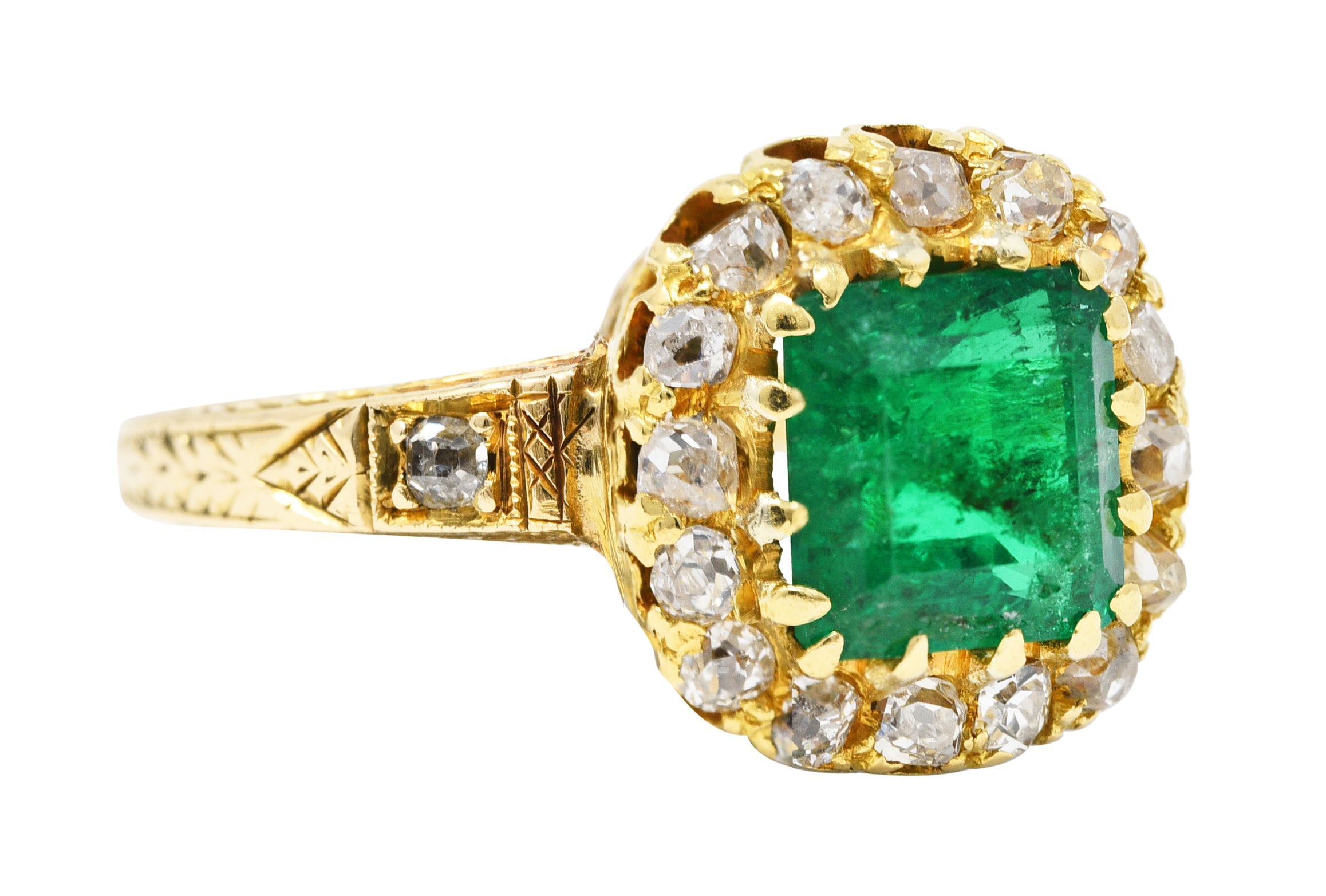 Victorian 2.12 CTW Emerald Old Mine Cut Diamond 14 Karat Yellow Gold Wheat Antique Halo Ring Wilson's Estate Jewelry