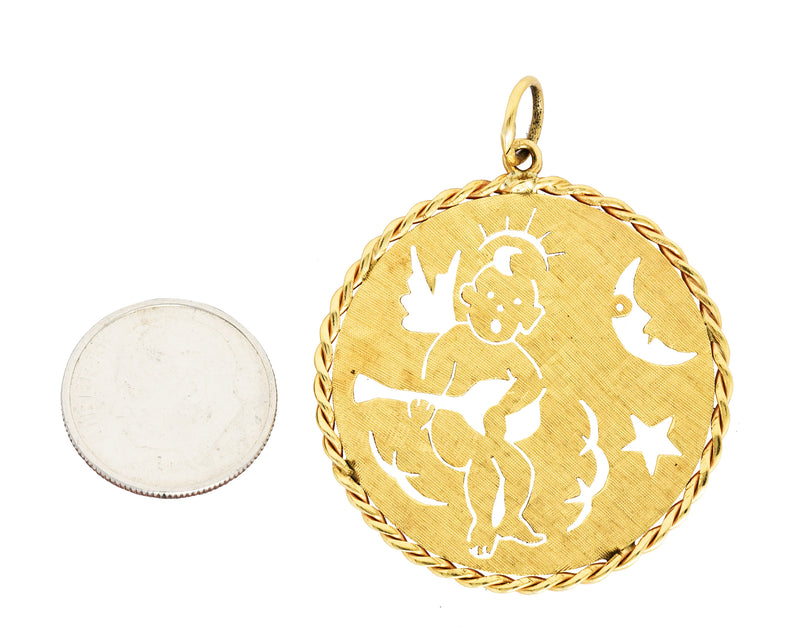 1960's Vintage 14 Karat Yellow Gold Celestial Angel Medallion PendantNecklace - Wilson's Estate Jewelry