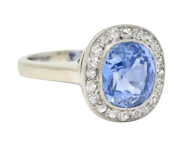 Art Deco 4.11 CTW No Heat Ceylon Sapphire Diamond 14 Karat Gold Halo Ring GIA