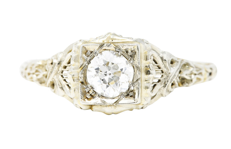 Early Art Deco 0.48 CTW Diamond 18 Karat White Gold Flourished Engagement RingRing - Wilson's Estate Jewelry