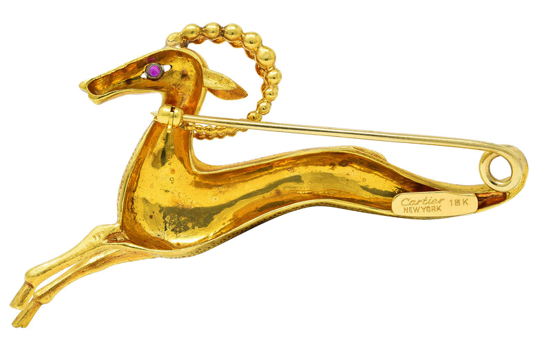 Cartier Ruby 18 Karat Yellow Gold Whimsical Gazelle Vintage Brooch Wilson's Estate Jewelry