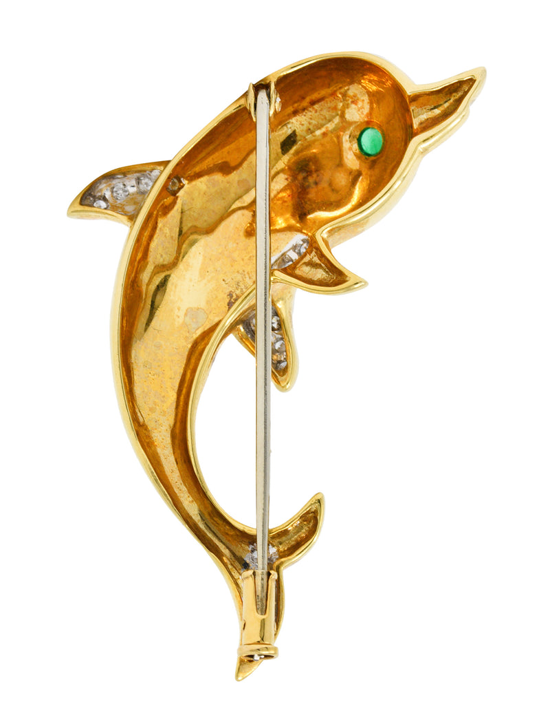 Vintage Diamond Emerald 18 Karat Two-Tone Gold Dolphin BroochBrooch - Wilson's Estate Jewelry
