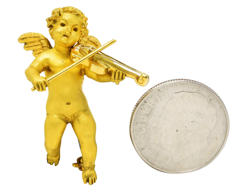 1960's 18 Karat Yellow Gold Cherub Violin Vintage Pendant Brooch Wilson's Estate Jewelry