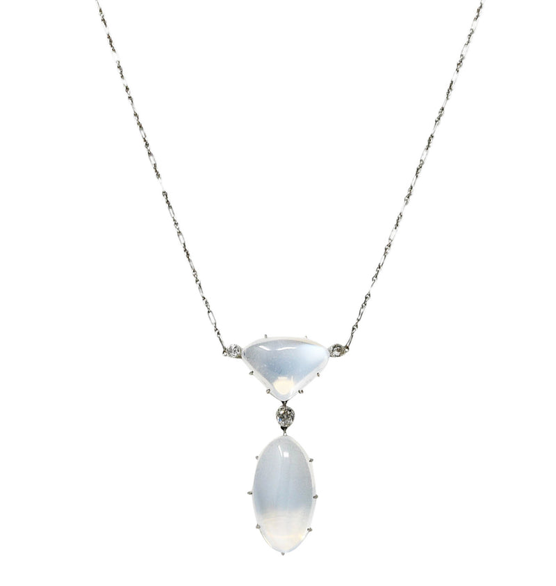 Art Deco Old Mine Diamond Moonstone Platinum Drop Antique Station Necklace Wilson's Estate Jewelry