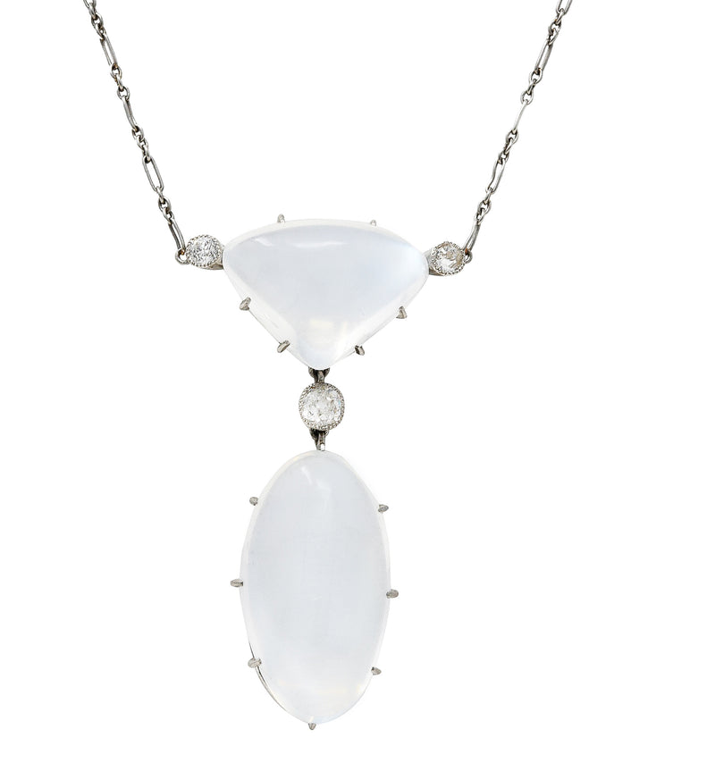 Art Deco Old Mine Diamond Moonstone Platinum Drop Antique Station Necklace Wilson's Estate Jewelry
