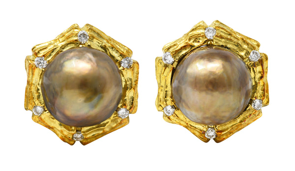 1960's Tahitian Pearl Diamond 14 Karat Yellow Gold Bamboo Vintage Ear-Clip Earrings Wilson's Estate Jewelry