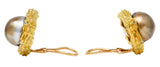 1960's Tahitian Pearl Diamond 14 Karat Yellow Gold Bamboo Vintage Ear-Clip Earrings Wilson's Estate Jewelry
