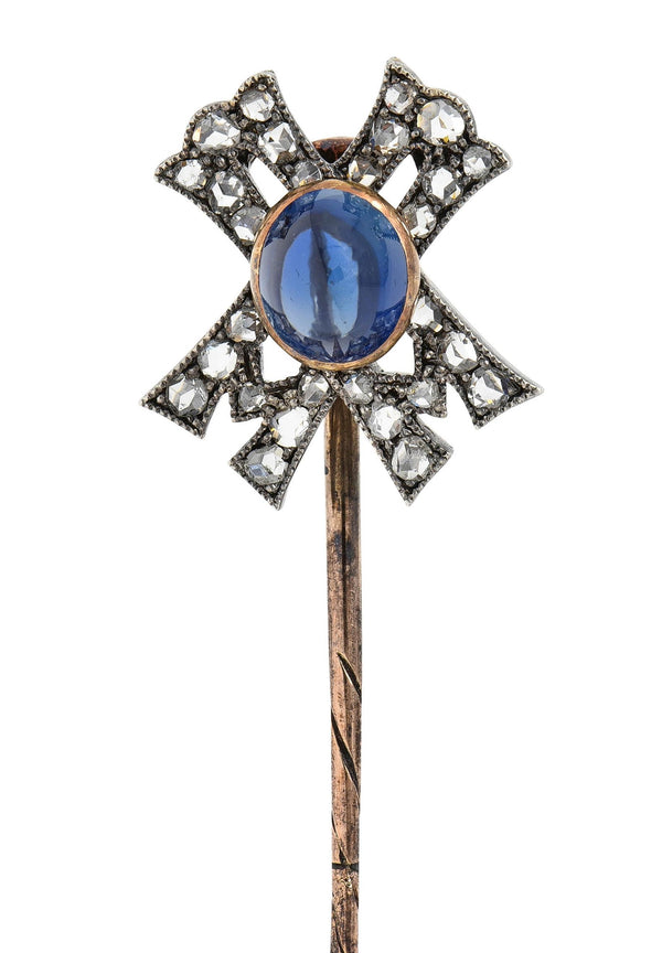 Victorian 2.35 CTW Sapphire Diamond Silver 14 Karat Gold X Antique Stickpin