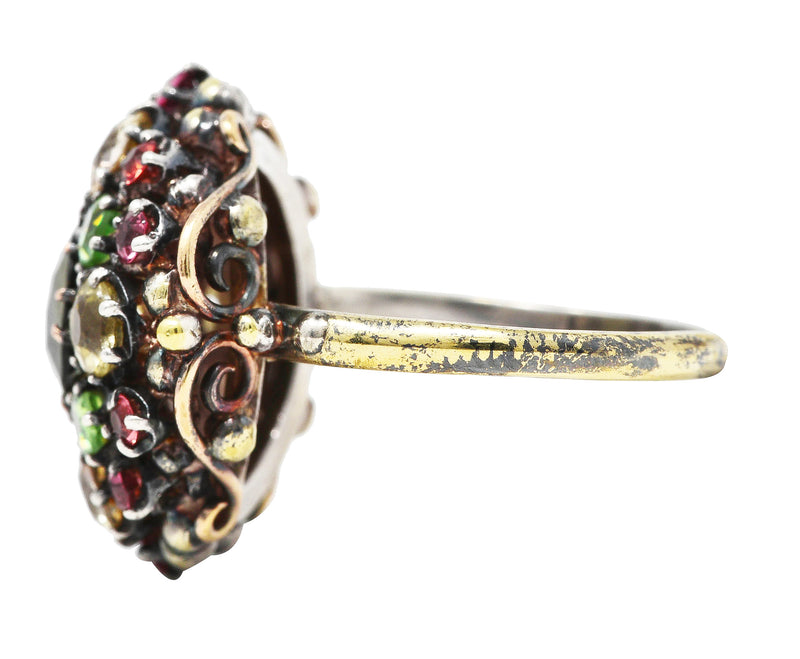 Arts & Crafts Antique Zircon Beryl Garnet Multi-Gem 18 Karat Yellow Gold Silver Cluster Ring Wilson's Estate Jewelry
