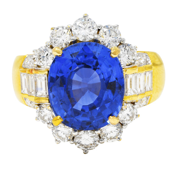 Vintage 7.96 CTW Sapphire Diamond 18 Karat Yellow Gold Cluster Band Ring GIA Wilson's Estate Jewelry