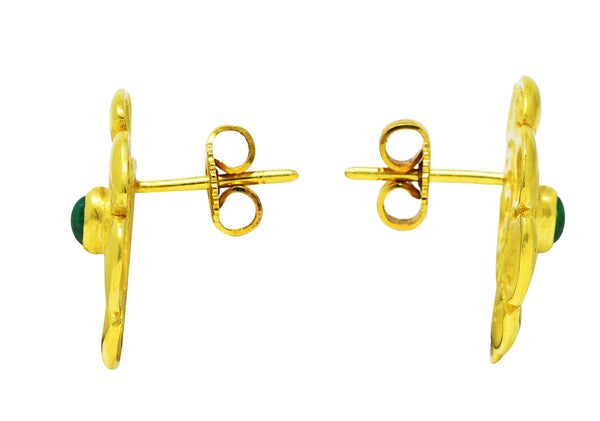 Modernist Emerald 18 Karat Yellow Gold Floral Vintage Earrings Wilson's Estate Jewelry