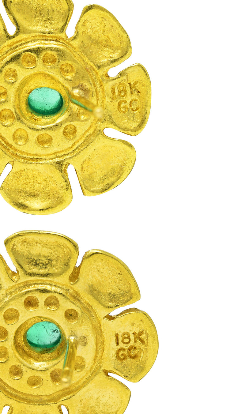 Modernist Emerald 18 Karat Yellow Gold Floral Vintage Earrings Wilson's Estate Jewelry