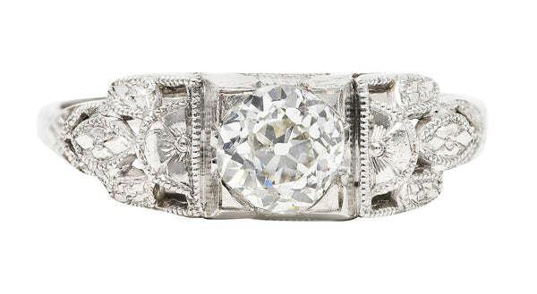1930's Art Deco 0.95 CTW Old European Diamond Platinum Foliate Engagement Ring Wilson's Estate Jewelry