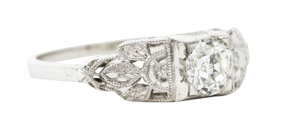 1930's Art Deco 0.95 CTW Old European Diamond Platinum Foliate Engagement Ring Wilson's Estate Jewelry