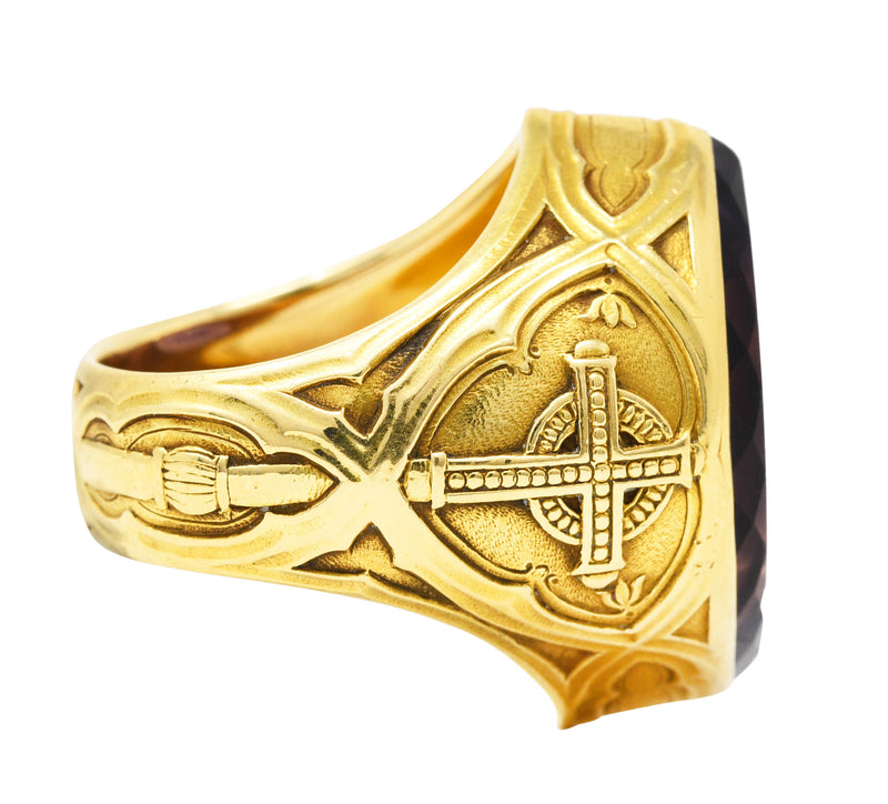 1915 Amethyst 18 Karat Yellow Gold Intaglio Ecclesiastical Bishop's Antique Navette Unisex Ring Wilson's Estate Jewelry