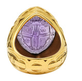 1915 Amethyst 18 Karat Yellow Gold Intaglio Ecclesiastical Bishop's Antique Navette Unisex Ring Wilson's Estate Jewelry