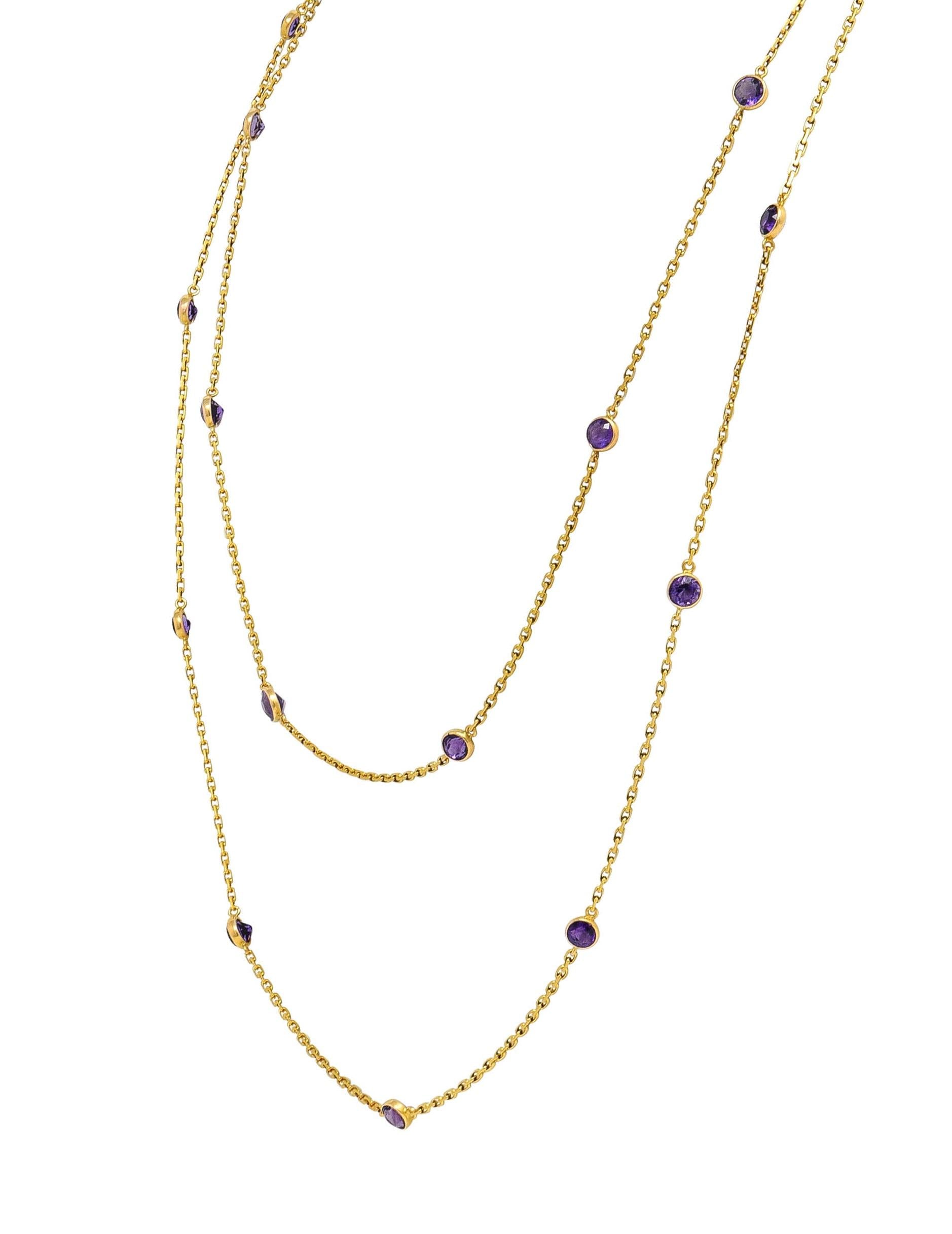 Victorian Amethyst 18K Yellow Gold 59 IN Long Antique Station Chain Necklace
