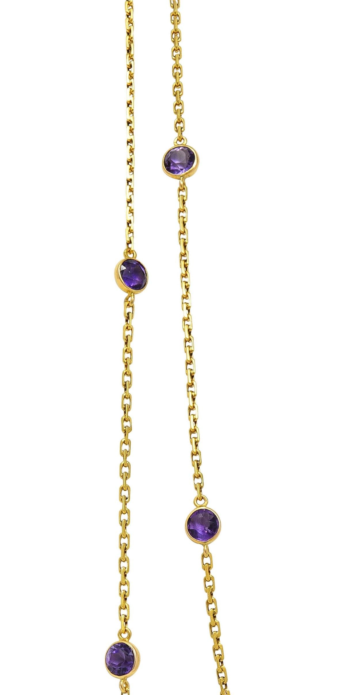 Victorian Amethyst 18K Yellow Gold 59 IN Long Antique Station Chain Necklace