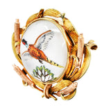 Victorian Painted Essex Crystal Mother-Of-Pearl 14 Karat Two-Tone Gold Pheasant Cattail Antique Brooch Wilson's Estate Jewelry