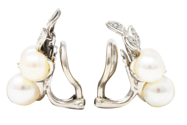 Mid-Century 1950's Diamond Pearl 18 Karat White Gold Foliate Vintage Ear-Clip Earrings Wilson's Estate Jewelry