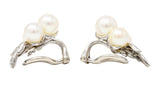 Mid-Century 1950's Diamond Pearl 18 Karat White Gold Foliate Vintage Ear-Clip Earrings Wilson's Estate Jewelry