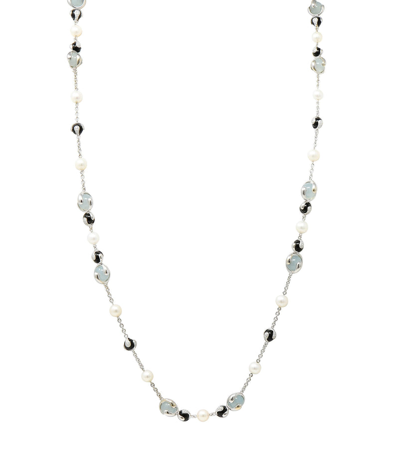 Marina B. 3.89 CTW Diamond Onyx Pearl Moonstone 18 Karat White Gold Necklace