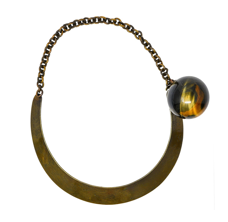 Art Smith 1950's Modernist Tiger's Eye Brass Sphere Vintage Collar Necklace