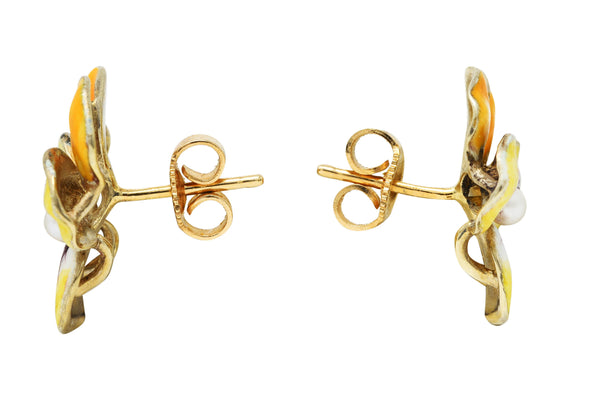 Crane & Theurer Art Nouveau Pearl Enamel 14 Karat Yellow Gold Pansy Flower Antique Earrings Wilson's Estate Jewelry