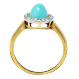 Edwardian Turquoise Cabochon Diamond Platinum-Topped 18 Karat Yellow Gold Antique Halo Ring Wilson's Estate Jewelry