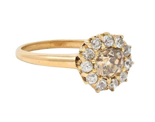 Victorian Old Mine Fancy Brown Diamond 14 Karat Gold Antique Halo Ring