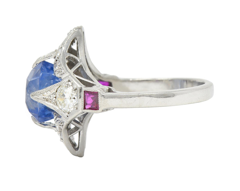 Art Deco 7.92 CTW No Heat Ceylon Sapphire Diamond Ruby Platinum Ring GIA