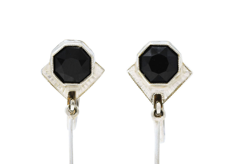 Day Clark & Co. Art Deco Onyx Rock Crystal Quartz 18 Karat White Gold Screwback Drop Earrings Wilson's Estate Jewelry