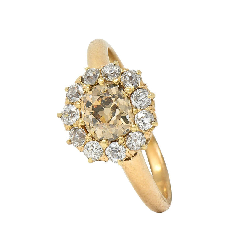 Victorian Old Mine Fancy Brown Diamond 14 Karat Gold Antique Halo Ring