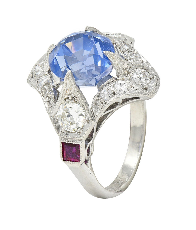 Art Deco 7.92 CTW No Heat Ceylon Sapphire Diamond Ruby Platinum Ring GIA
