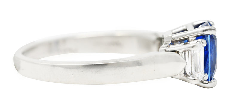 1980's 3.00 CTW Cushion Cut Sapphire Baguette Cut Diamond Platinum Vintage Three Stone Ring Wilson's Estate Jewelry