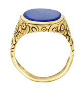 Art Nouveau Lapis Lazuli 14 Karat Yellow Gold Floral Unisex Signet Ring Wilson's Estate Jewelry