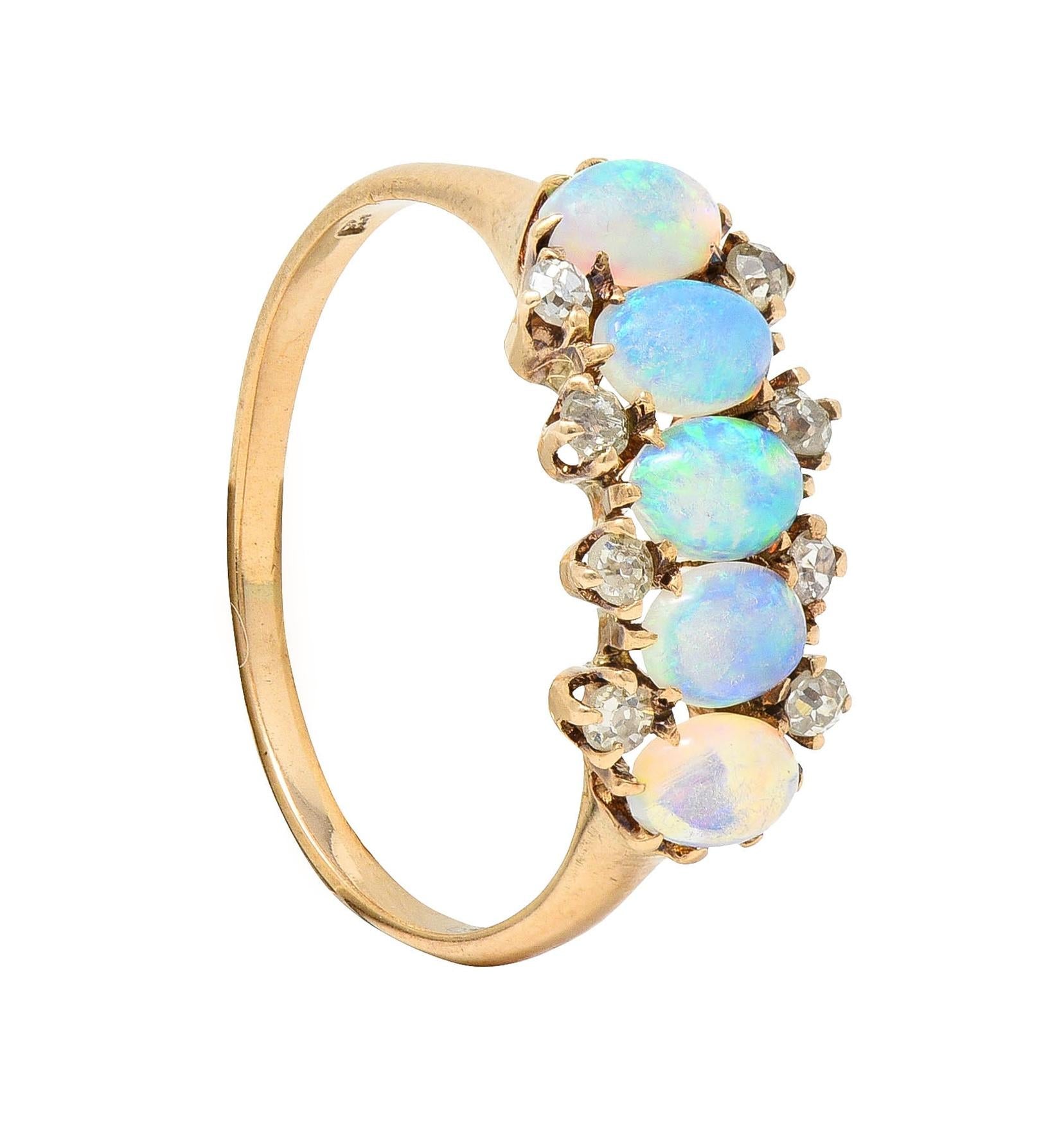 Victorian Opal Cabochon Diamond 14 Karat Yellow Gold Five Stone Antique Ring