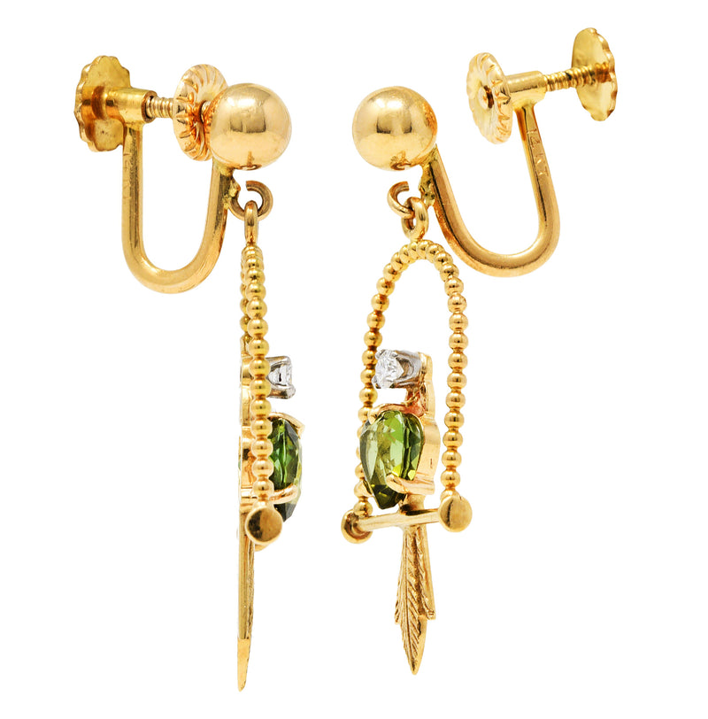 Vintage Diamond Tourmaline 14 Karat Yellow Gold Caged Bird Screwback EarringsEarrings - Wilson's Estate Jewelry
