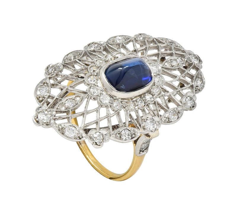 Belle Epoque No Heat Ceylon Sapphire Diamond Platinum 18 Karat Gold Antique Ring