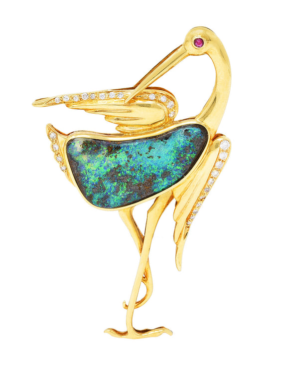 1980's Vintage Boulder Opal Ruby Diamond 18 Karat Yellow Gold Heron Bird Brooch Wilson's Estate Jewelry
