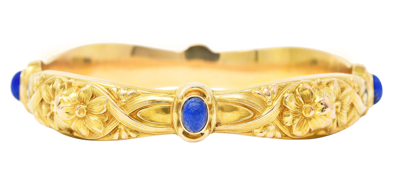 Art Nouveau Lapis Lazuli 14 Karat Yellow Gold Daisy Floral Antique Bangle Bracelet Wilson's Estate Jewelry