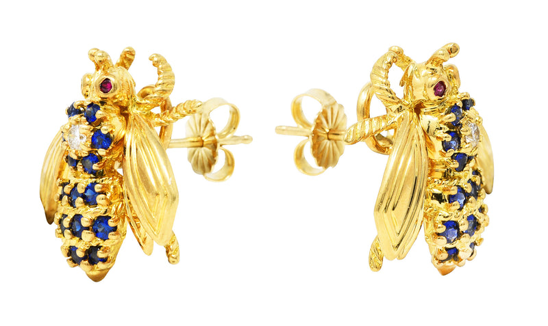 Tiffany & Co. 0.78 CTW Diamond Sapphire Ruby 18 Karat Yellow Gold Bee Vintage Earrings Wilson's Estate Jewelry