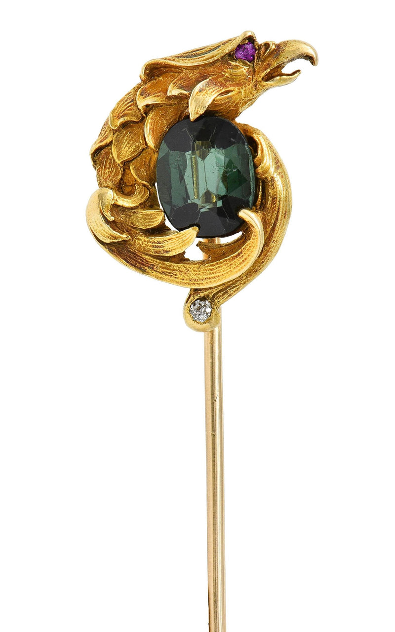 Art Nouveau Tourmaline Ruby 14 Karat Yellow Gold Antique Eagle Stickpin