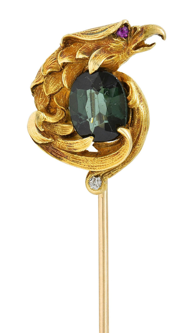 Art Nouveau Tourmaline Ruby 14 Karat Yellow Gold Antique Eagle Stickpin