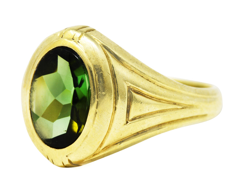 1930's Jones & Woodland Green Tourmaline 14 Karat Green Gold Unisex Signet RingRing - Wilson's Estate Jewelry
